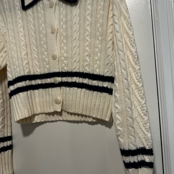 NWT Pink Rose Preppy Cream & Navy  Cable Knit Collared Cardigan. Ribbed Hem XS. - Picture 8 of 15